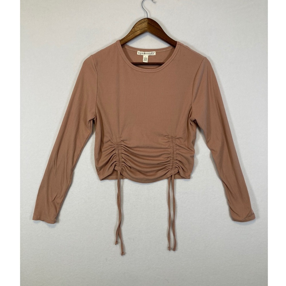 Eye Candy Ruched Front Crop Top Womens Large Mauve Ribbed Long Sleeve